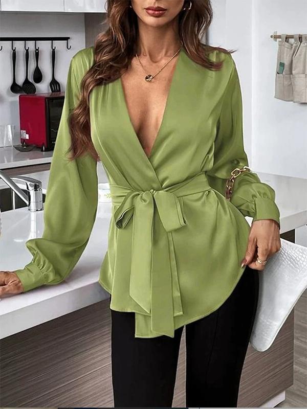 Loose Puff Sleeves Pleated Solid Color Split-Joint Tied Waist V-Neck Blouses&Shirts Tops Product Image