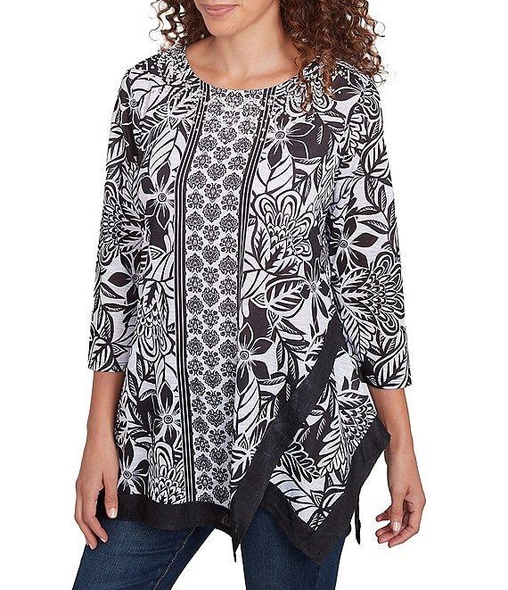 Ruby Rd. Embellished Printed Scoop Neck 3/4 Sleeve Shark-Bite Hem Top Product Image
