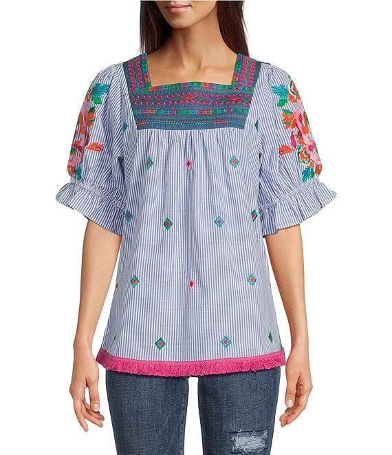 Calessa Petite Size Embroidered Stripe Square Neck Short Puff Sleeve Tunic Product Image