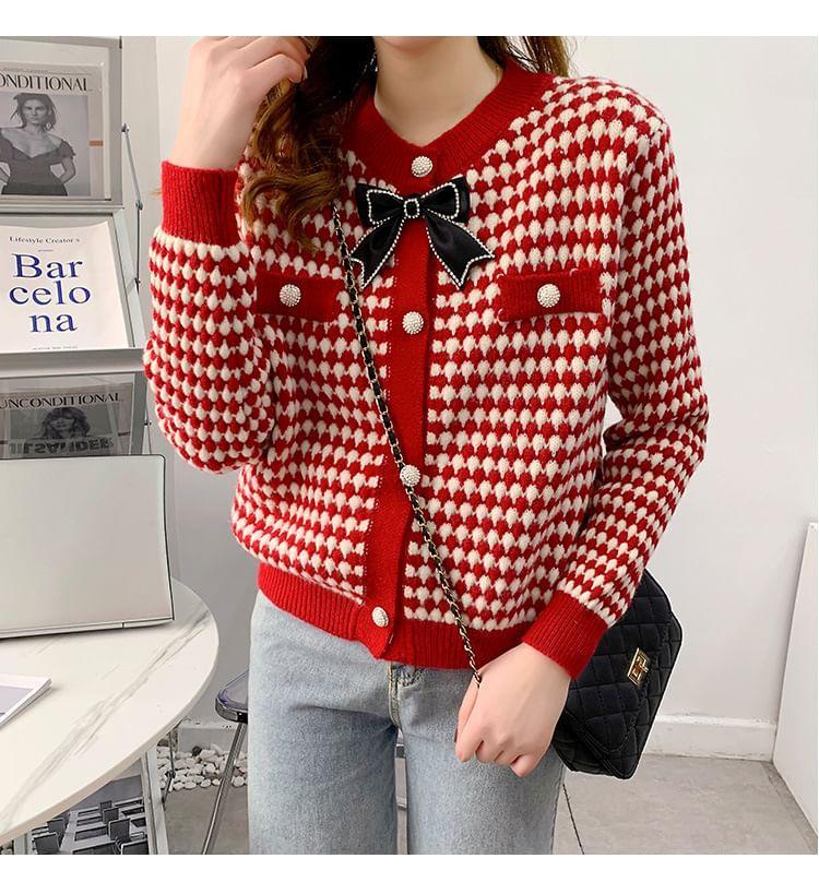 Round Neck Patterned Bow Cardigan Product Image