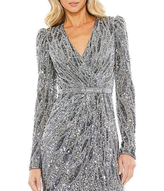 Mac Duggal Long Puffed Sleeve Surplice V-Neck Sequin Embellished Sheath Midi Dress Product Image