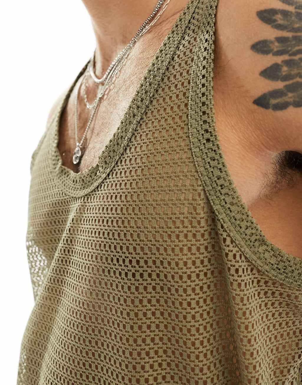 ASOS DESIGN relaxed neck open mesh tank top in khaki  Product Image