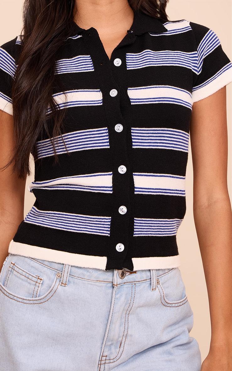 Navy Stripe Knit Polo Top Product Image
