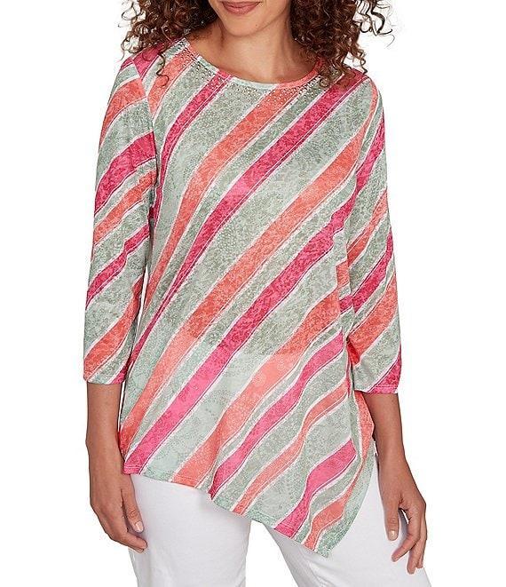 Ruby Rd. Knit Stripe Crew Neck 3/4 Sleeve Asymmetric Hem Top Product Image