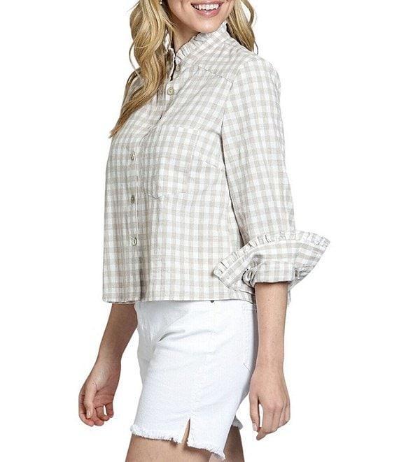 APNY Spread Collar Long Sleeve Woven Checked Cropped Shirt Product Image
