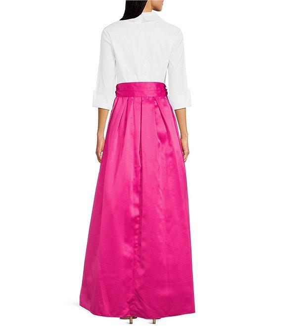 Jessica Howard 3/4 Cuff Sleeve Collared V-Neck Tie Sash Satin Ball Gown Product Image