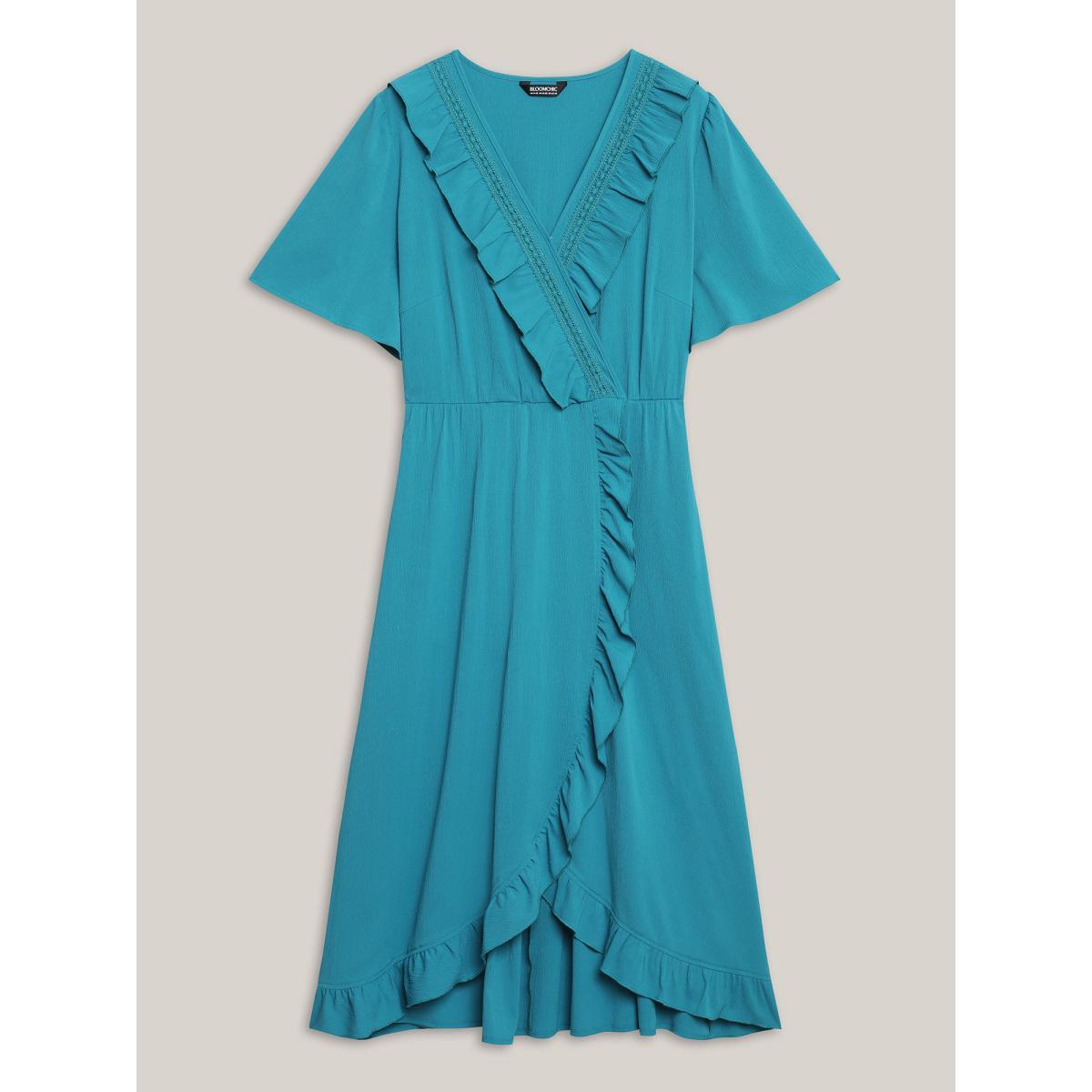 Plus Size Ruffled Lace Trim Pockets Plain Midi Dress Cerulean Women Overlap Collar Short sleeve Curvy BloomChic 26/4X Product Image
