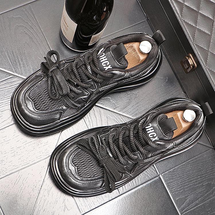 Platform Mesh Panel Lace-Up Faux Leather Sneakers Product Image