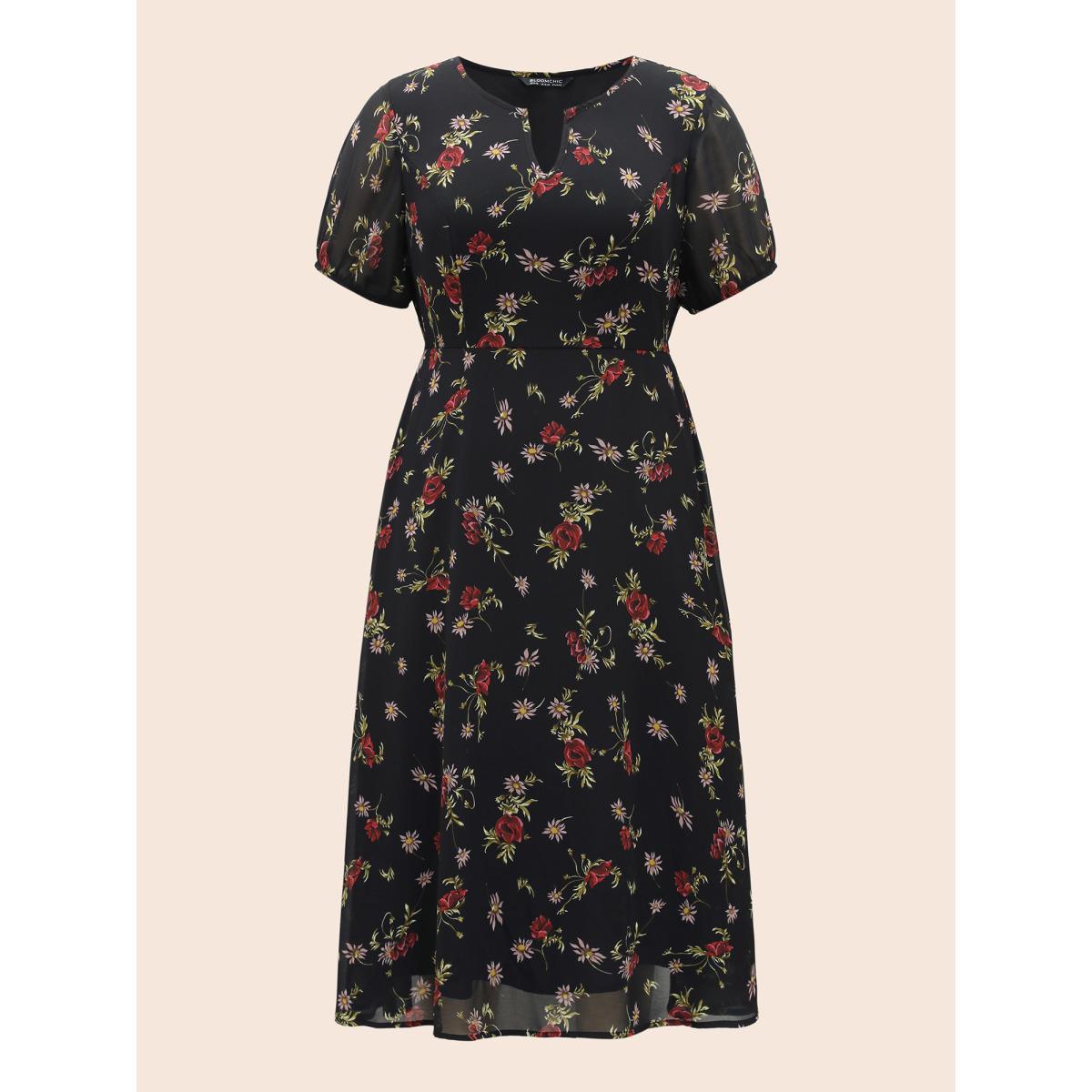 Plus Size Floral Notched Chiffon Mesh Midi Dress Black Women Timeless See through Notched collar Short sleeve Curvy BloomChic 28/5X Product Image