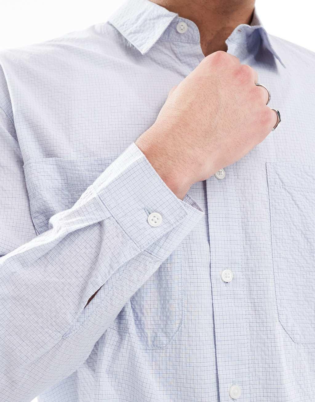 Pull&Bear long sleeve textured check shirt in gray Product Image