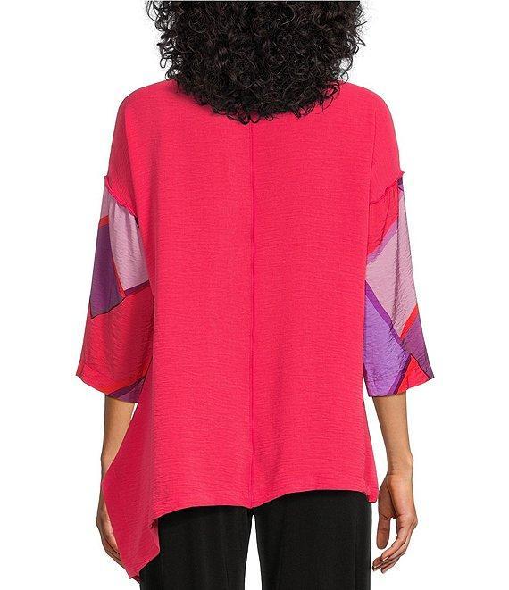 IC Collection Woven Abstract Print Boat Neck 3/4 Sleeve Asymmetrical Hem Tunic Product Image
