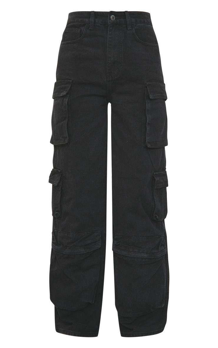 Washed Black Cargo Pocket Detail Wide Leg Jeans Product Image