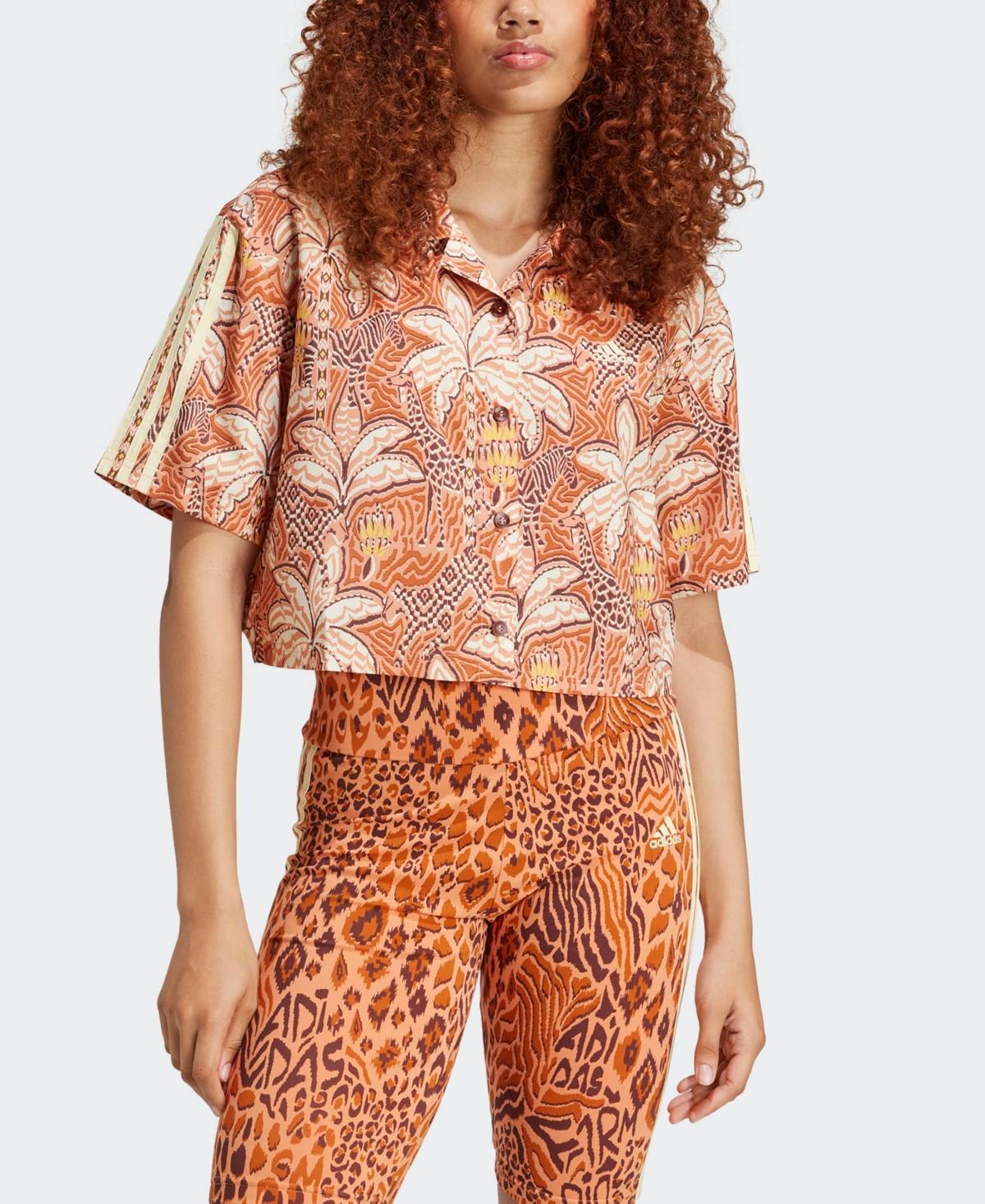 Adidas Womens Farm Rio Printed Cropped Button Down Shirt - EasyYellow Product Image