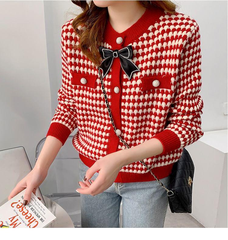 Round Neck Patterned Bow Cardigan Product Image