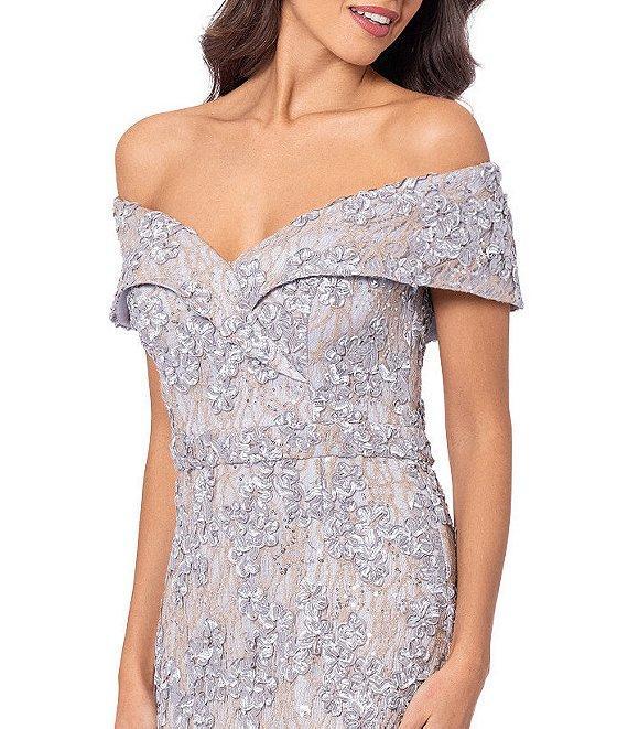 Xscape Embroidered Off-the-Shoulder Short Sleeve Lace A-line Gown Product Image