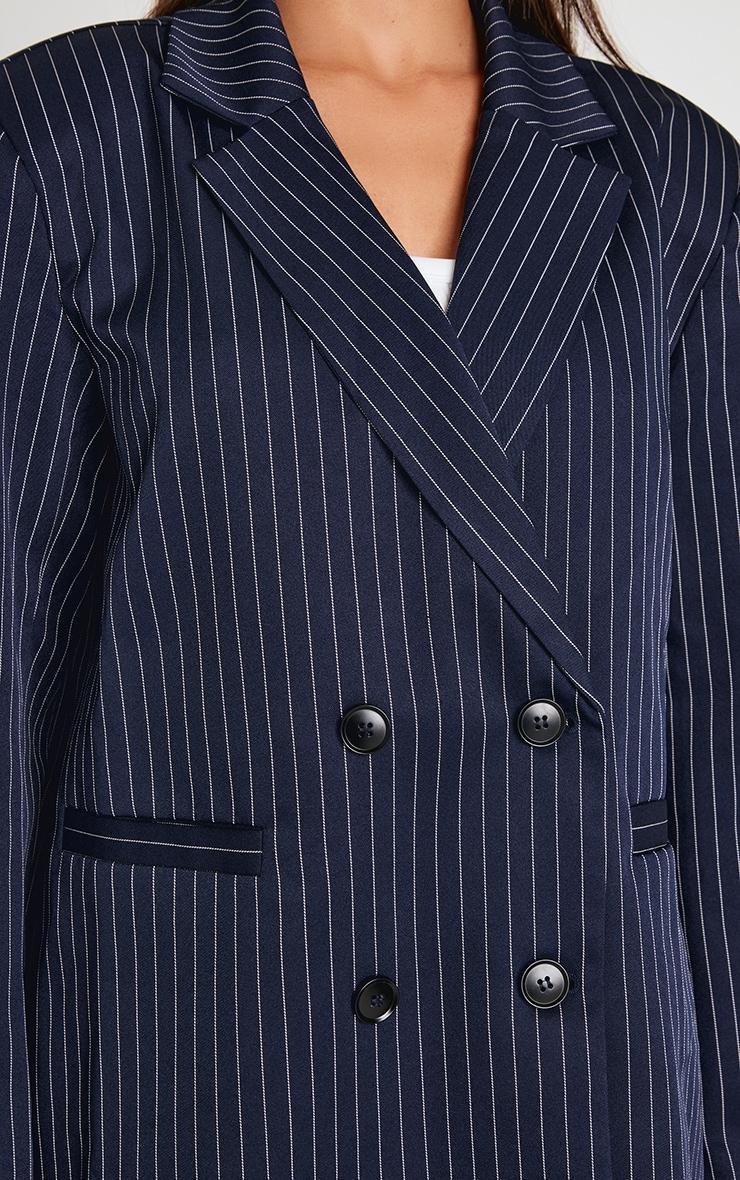 Dark Blue Pinstripe Double Breasted Oversized Blazer Product Image