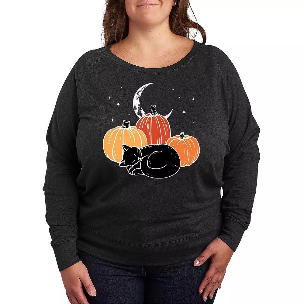Plus Size Black Cat Pumpkin Nap French Terry Long Sleeve Tee, Women's, Size: 1XL, Heather Grey Product Image