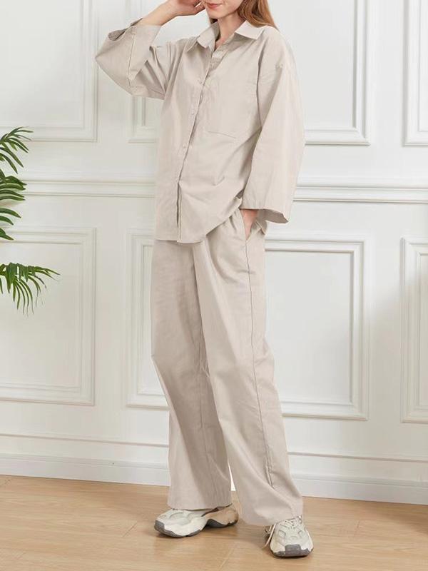 Loose Solid Color Split-Joint Long Sleeves Lapel Blouse + Pants Two Pieces Set Product Image