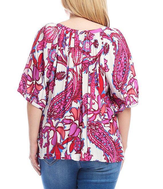 Karen Kane Plus Size Peony Paisley Scoop Neck Short Puff Sleeve Button-Front Peasant Top Product Image