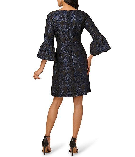 Adrianna Papell Jacquard Metallic Floral Print 3/4 Bell Sleeve A-Line Dress Product Image