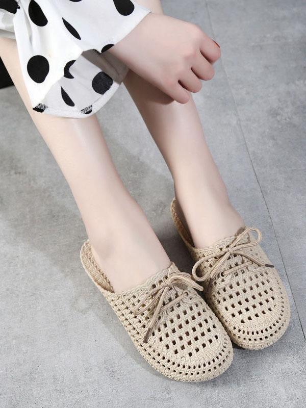 Hollow Lace-Up Round-Toe Mules&Slides Slippers Product Image