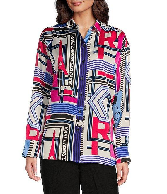 KARL LAGERFELD PARIS Crepe De Chine Abstract Print Point Collar Long Sleeve Button-Front Blouse Product Image
