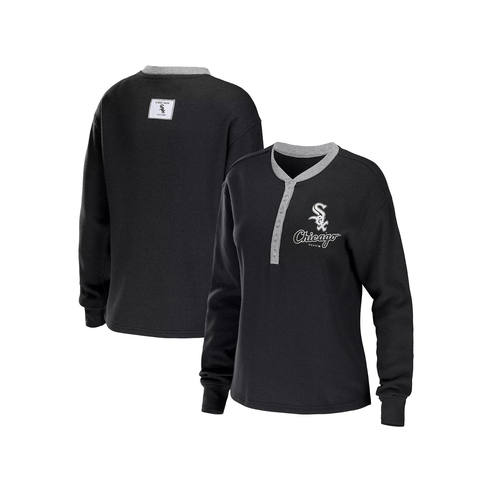 Women's WEAR by Erin Andrews Powder Blue Los Angeles Chargers Waffle Henley Long Sleeve T-Shirt,  Product Image