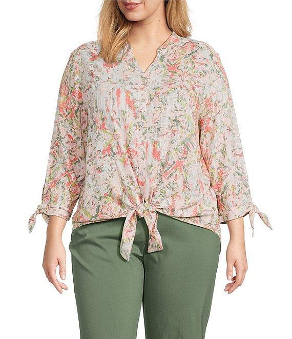 Allison Daley Plus Size Ikat Diamond Print 3/4 Tie Sleeve Y-Neck Button Front Tie-Hem Blouse Product Image