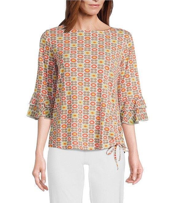 Multiples Slub Knit Georgette Floral Print Boat Neck 3/4 Sleeve Fitted Ruched Side Drawstring Top Product Image