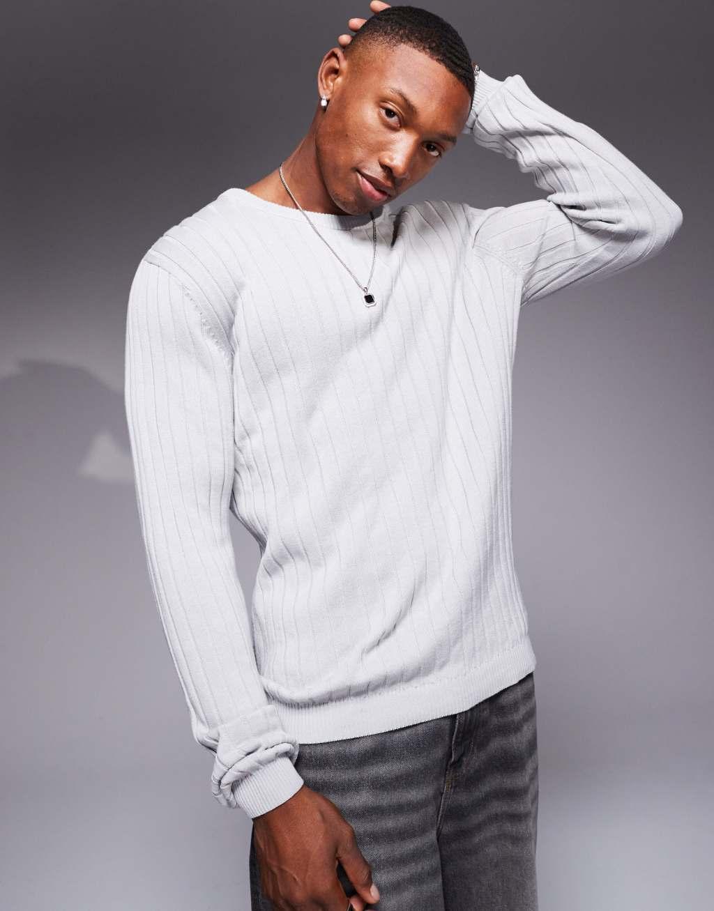 ASOS DESIGN essential muscle fit knit ribbed sweater in light gray Product Image