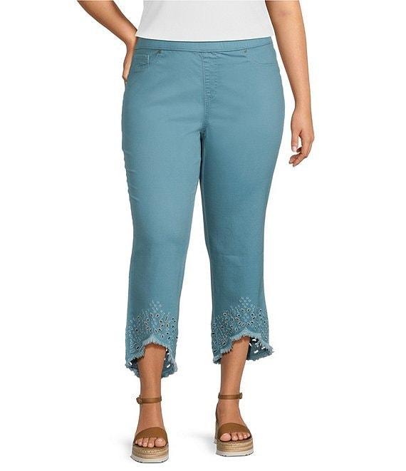 Intro Plus Size Size Straight Leg Tulip Eyelet Embroidered Frayed Hem Pull-On Ankle Pants Product Image