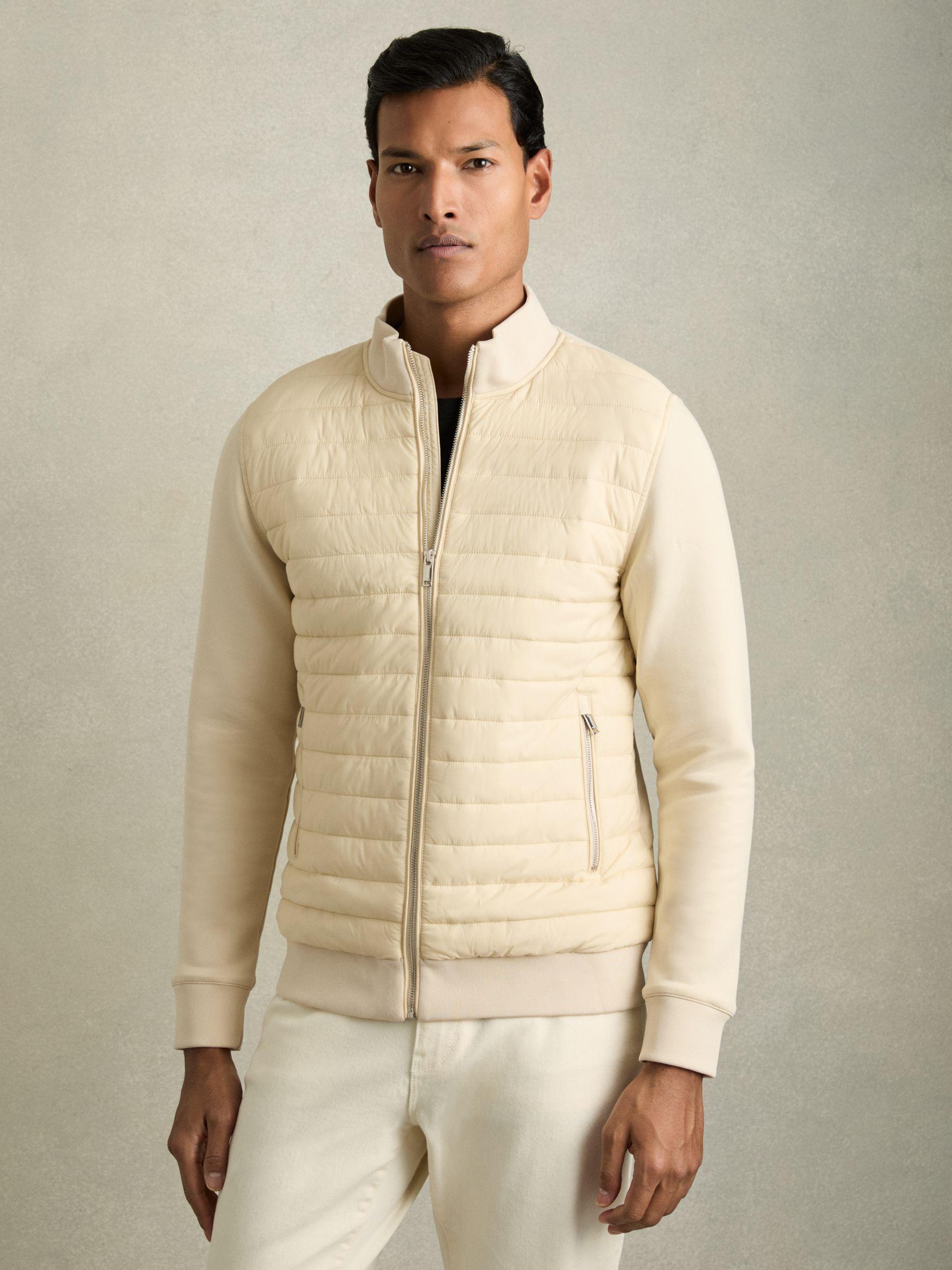 Hybrid Quilt and Knit Zip-Through Jacket in Light Stone Product Image