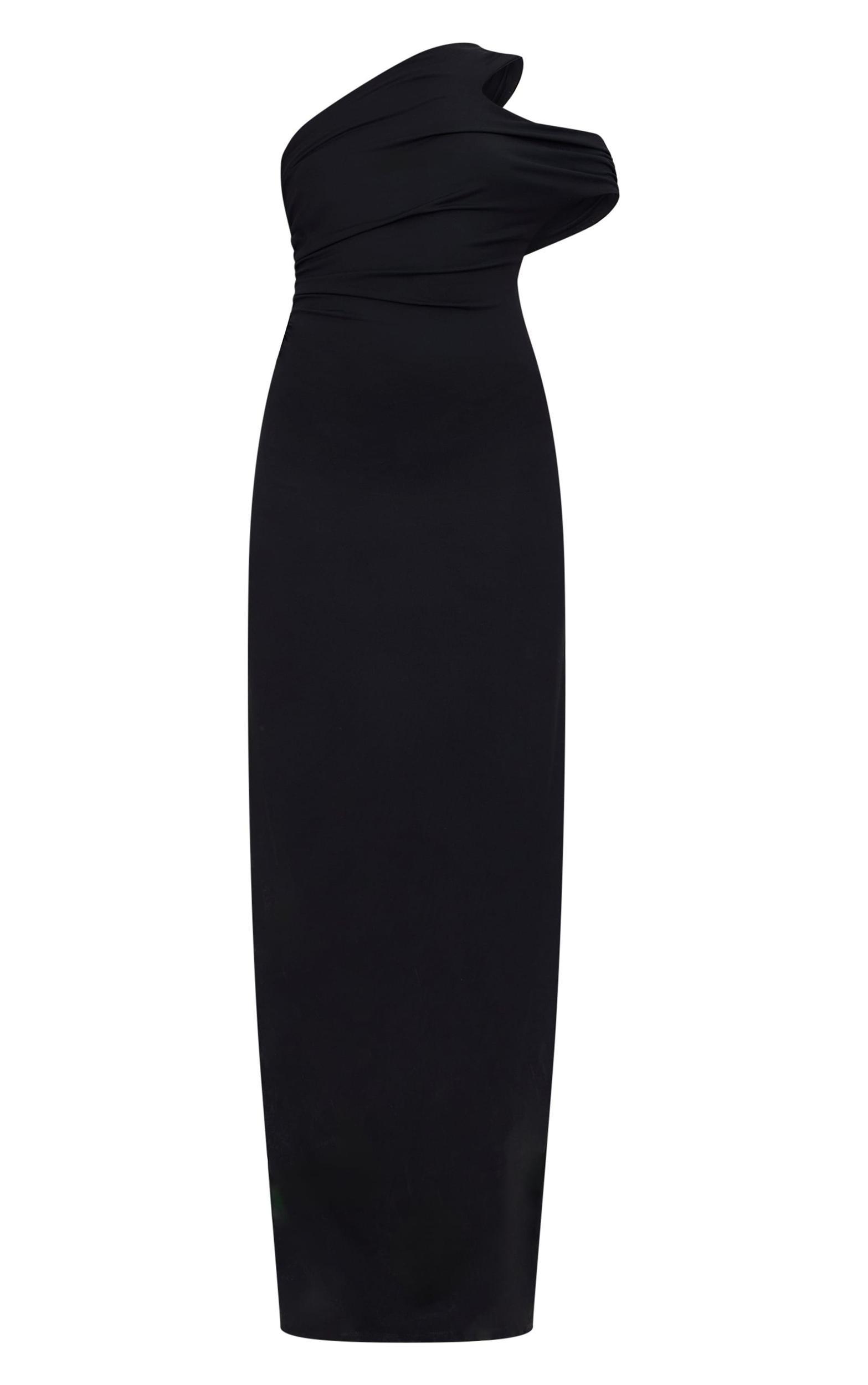 Black Double Layer Asymmetric Off Shoulder Maxi Dress Product Image