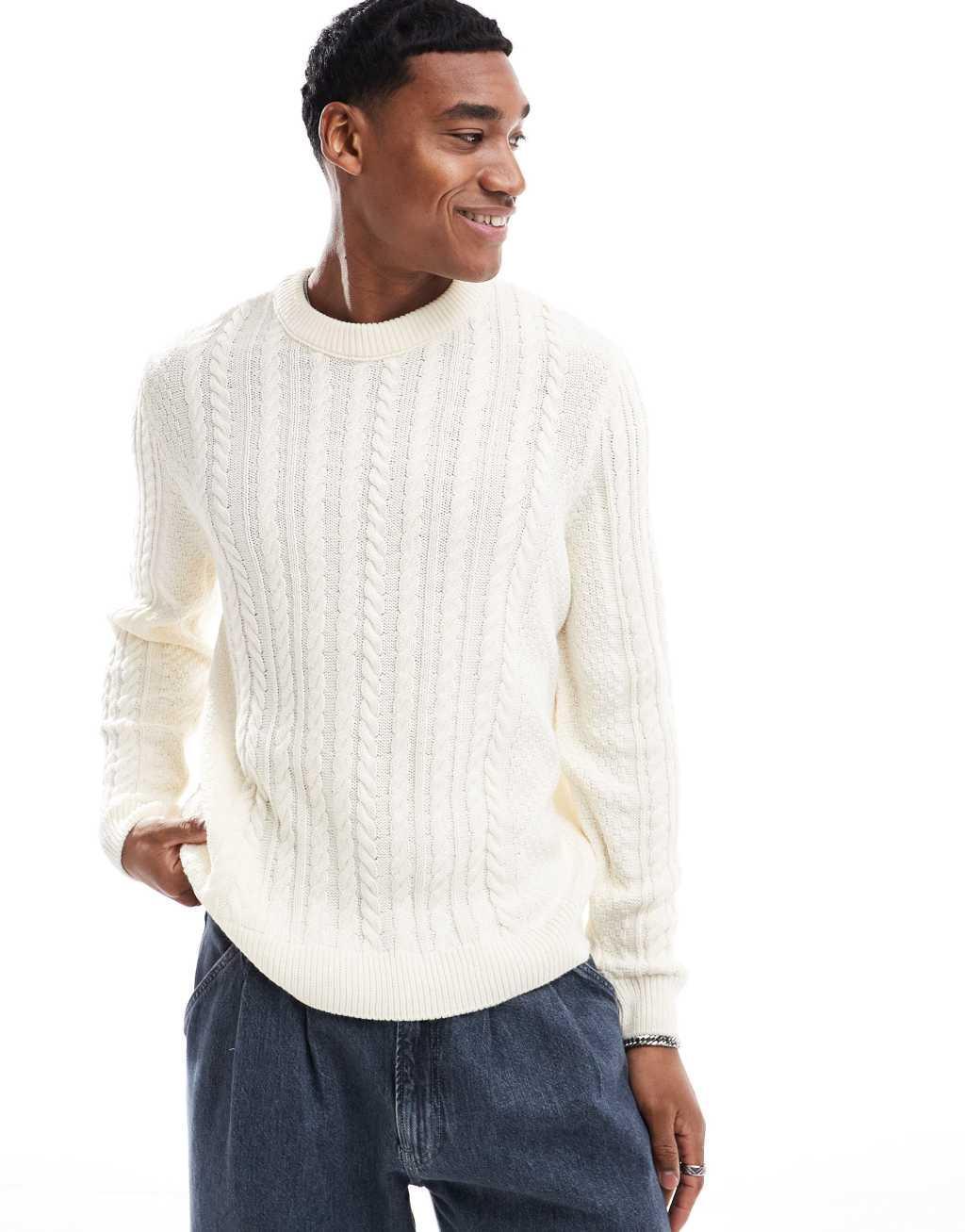 ASOS DESIGN relaxed slouchy crew neck cable knit sweater in ecru Product Image