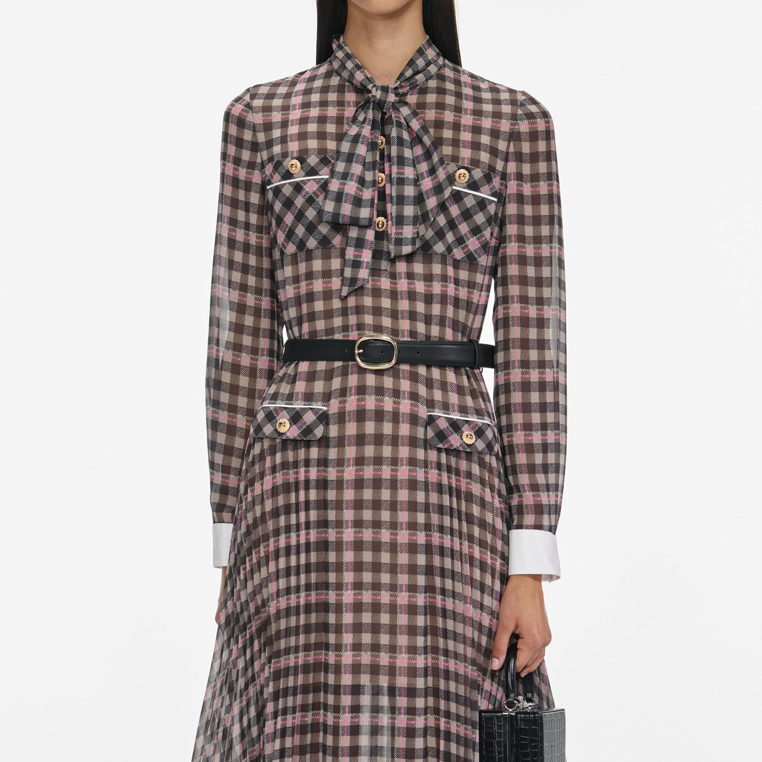 Brown Check Chiffon Midi Dress Product Image