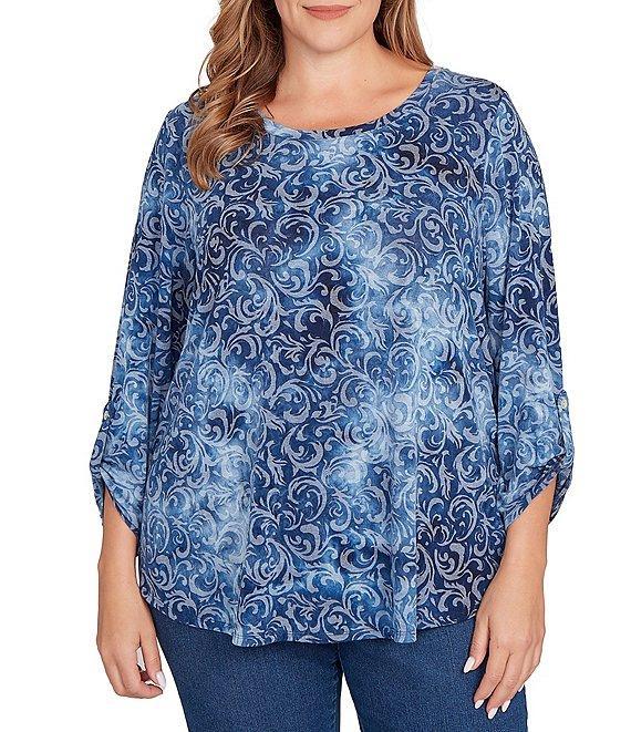 Ruby Rd. Plus Size Textured Knit Tie-Dye Scroll Floral Burnout Boat Neck 3/4 Roll-Tab Sleeve Top Product Image