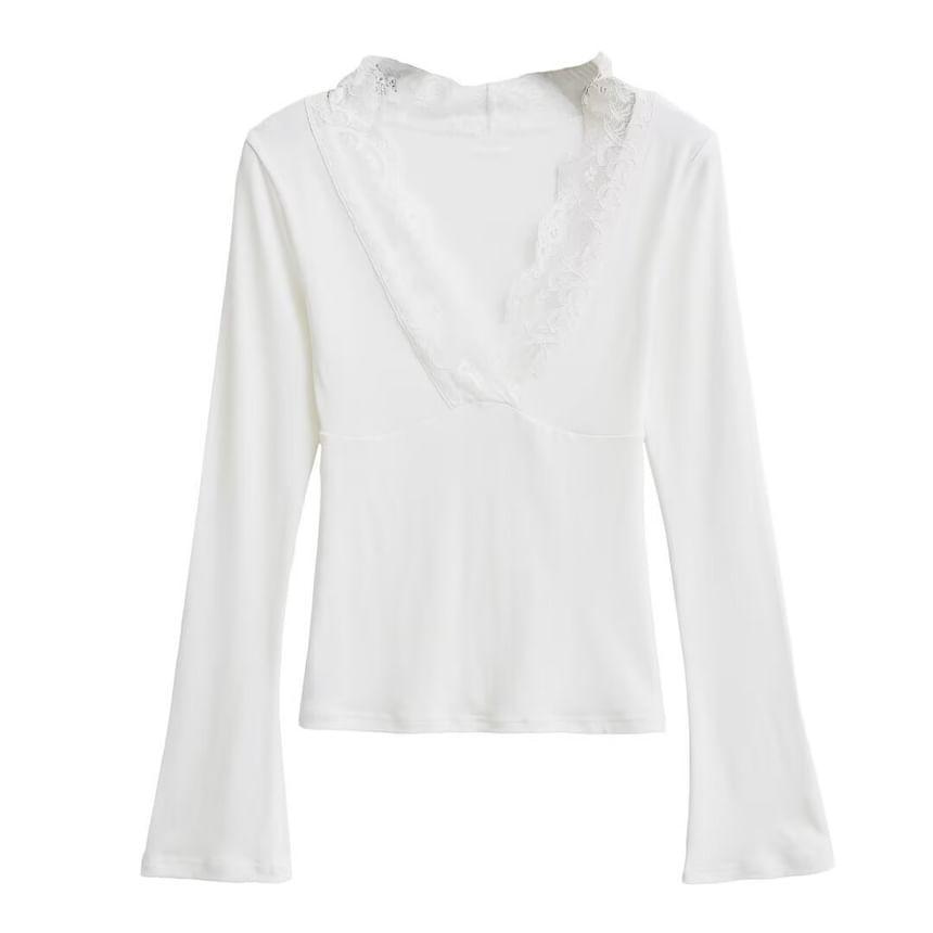 Long-Sleeve V-Neck Lace Trim Plain Top Product Image