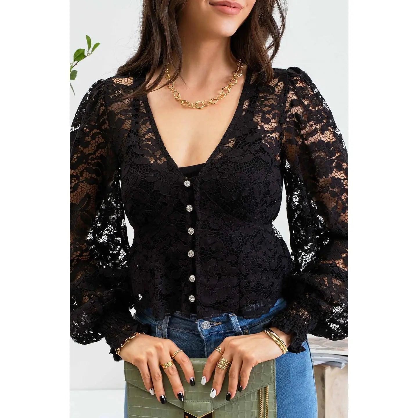 Lace Button Down Long Sleeve Crop Top Product Image