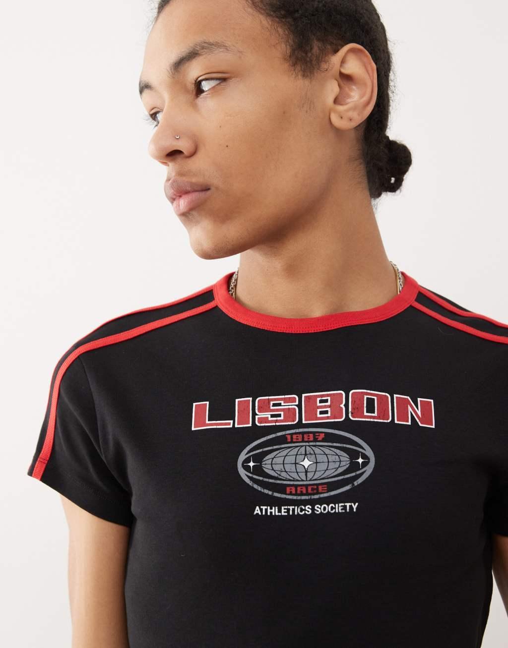 COLLUSION shrunken football t-shirt in black with Lisbon print Product Image