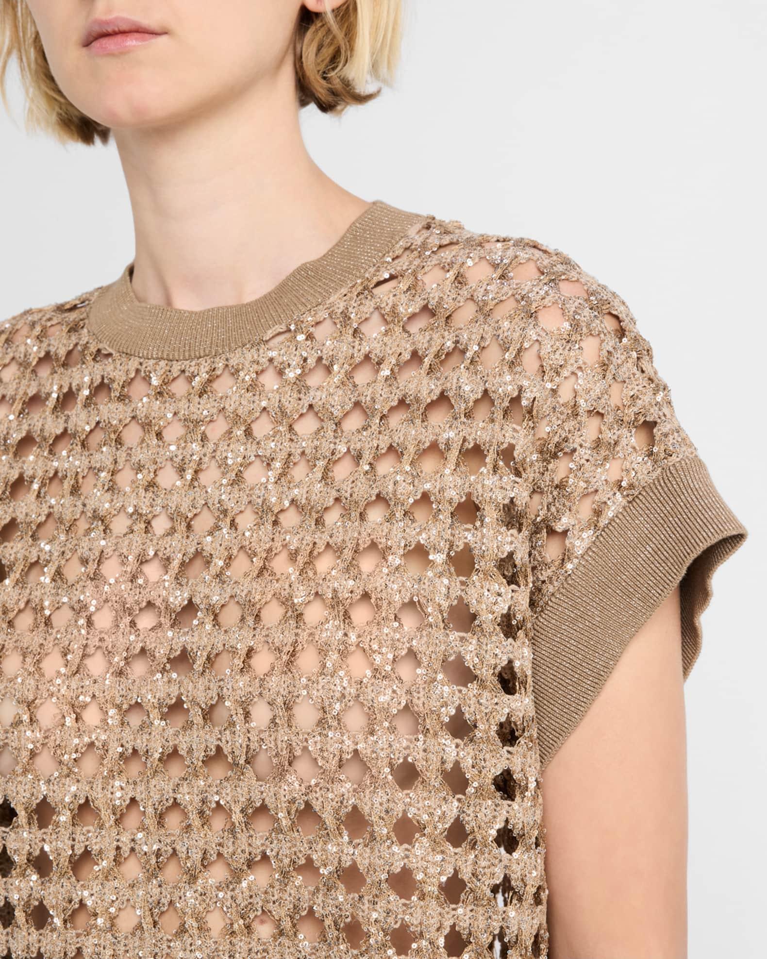 Short-Sleeve Paillette Cotton-Jute Open Knit Sweater Product Image