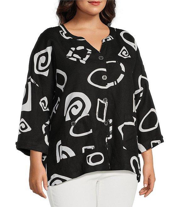 Ali Miles Plus Size Woven Abstract Print Stand Collar 3/4 Sleeve Button Front Tunic Product Image