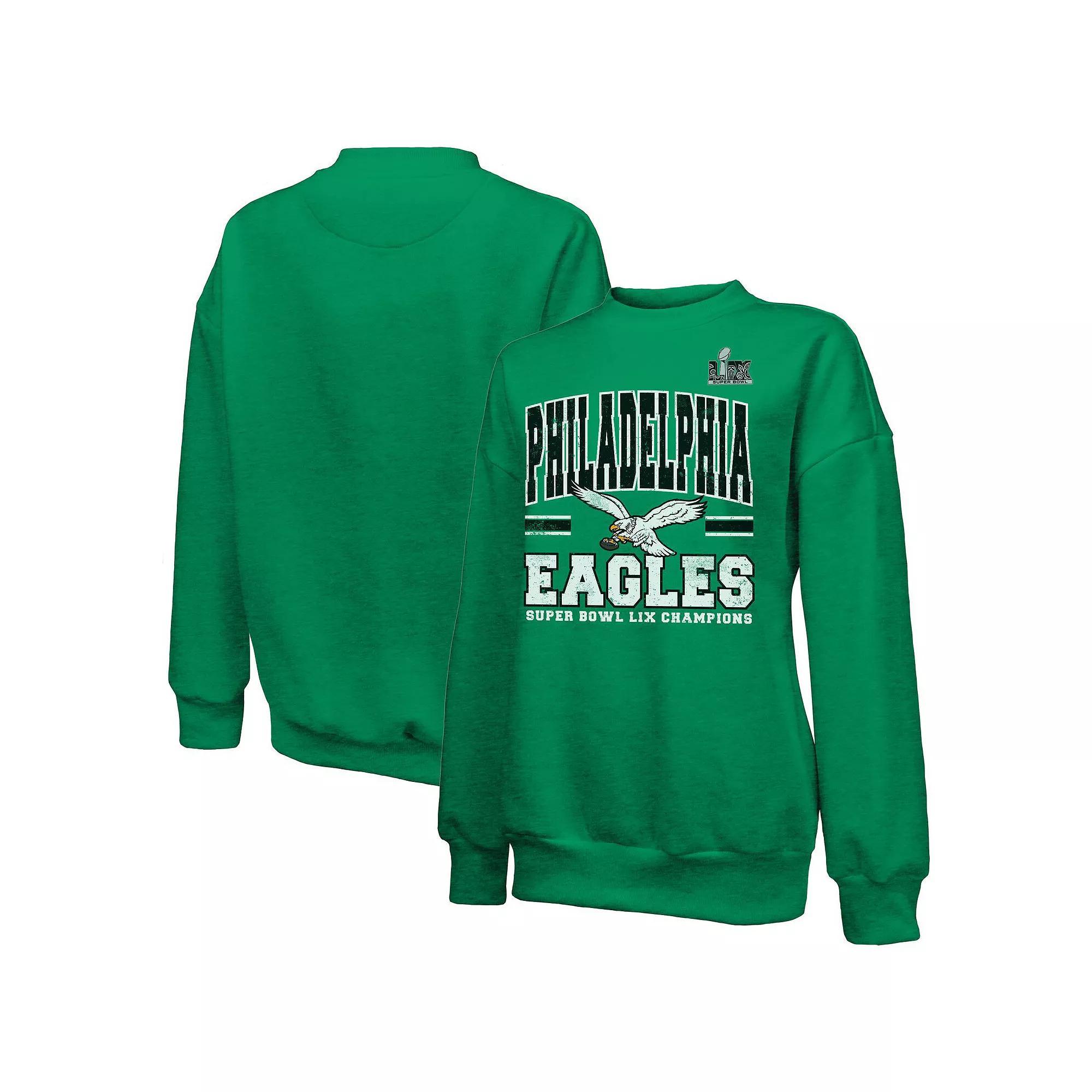Women's Majestic Threads  Kelly Green Philadelphia Eagles Super Bowl LIX Champions Big Chalk Stripe Retro Tri-Blend Fleece Sweatshirt, Size: XL Product Image