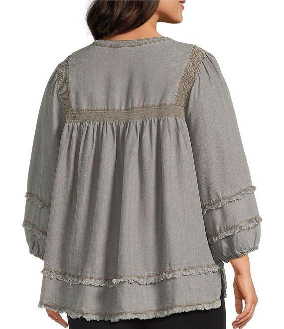 Multiples Plus Size Embroidered Band Collar 3/4 Sleeve Fringe Hem Top Product Image