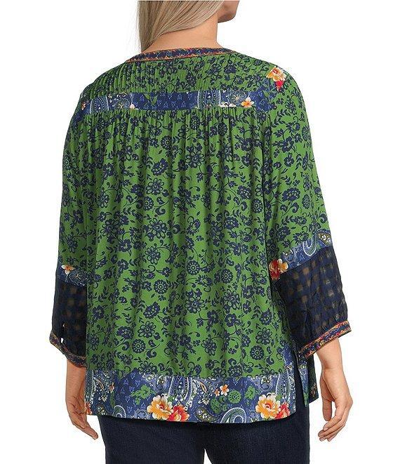 John Mark Plus Size Embroidered Printed Y-Neck 3/4 Sleeve Pintuck Peasant Tunic Product Image