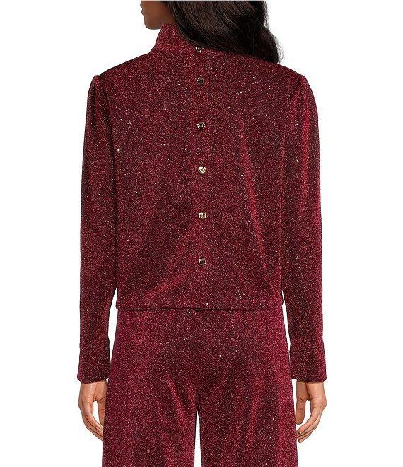 Buru Mod Woven Metallic Mock Neck Long Puffed Sleeve Cropped Coordinating Top Product Image