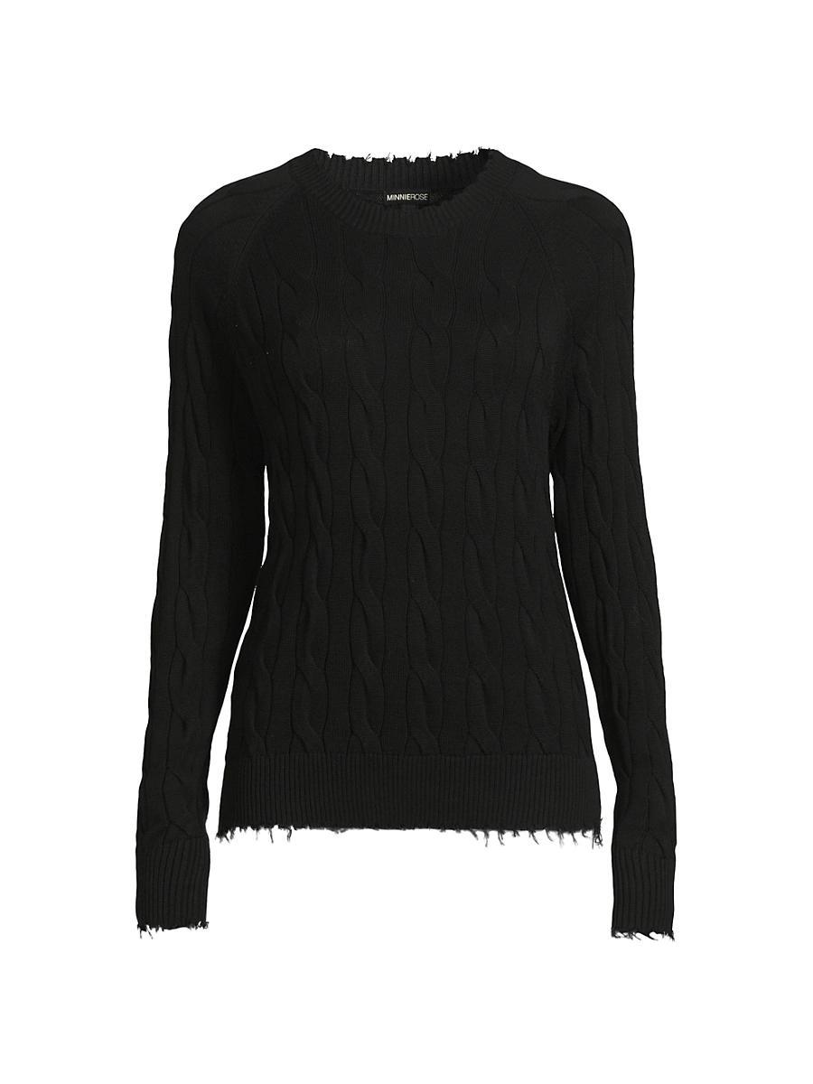 Womens Frayed Cable-Knit Crewneck Sweater Product Image