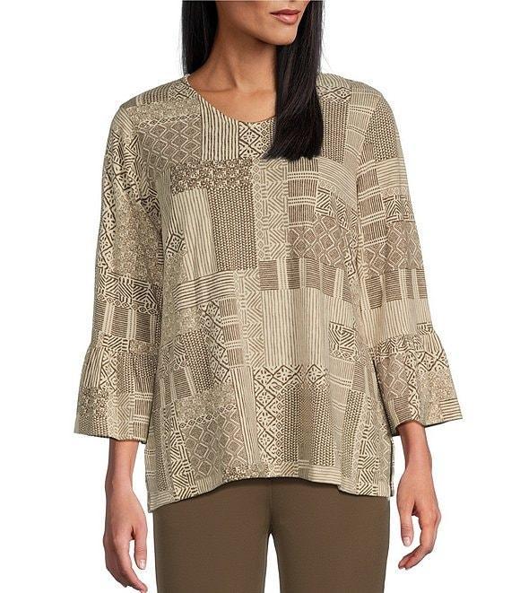 Multiples Printed V-Neck 3/4 Ruffle Sleeve Knit Top Product Image