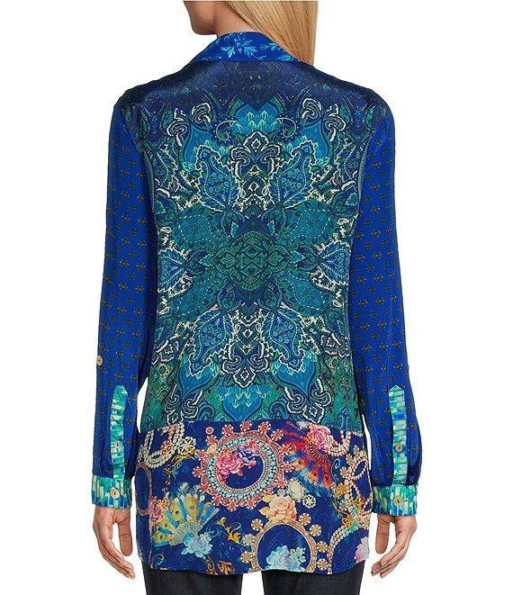 John Mark Woven Printed Point Collar Long Roll-Tab Sleeve Button-Front Tunic Product Image
