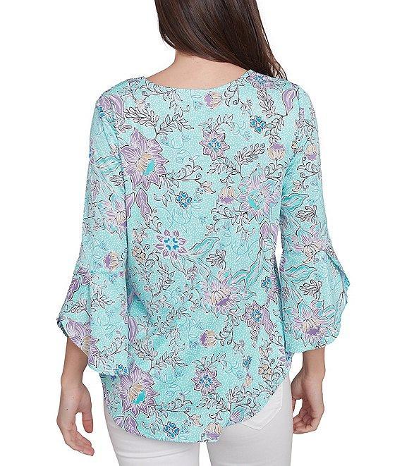 Ruby Rd. Soft Knit Floral Keyhole Neck 3/4 Sleeve Shirttail Hem Top Product Image