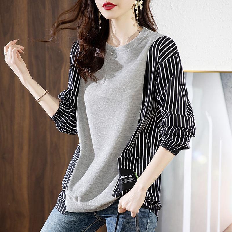 Crew Neck Striped Panel Oversized Sweatshirt Product Image